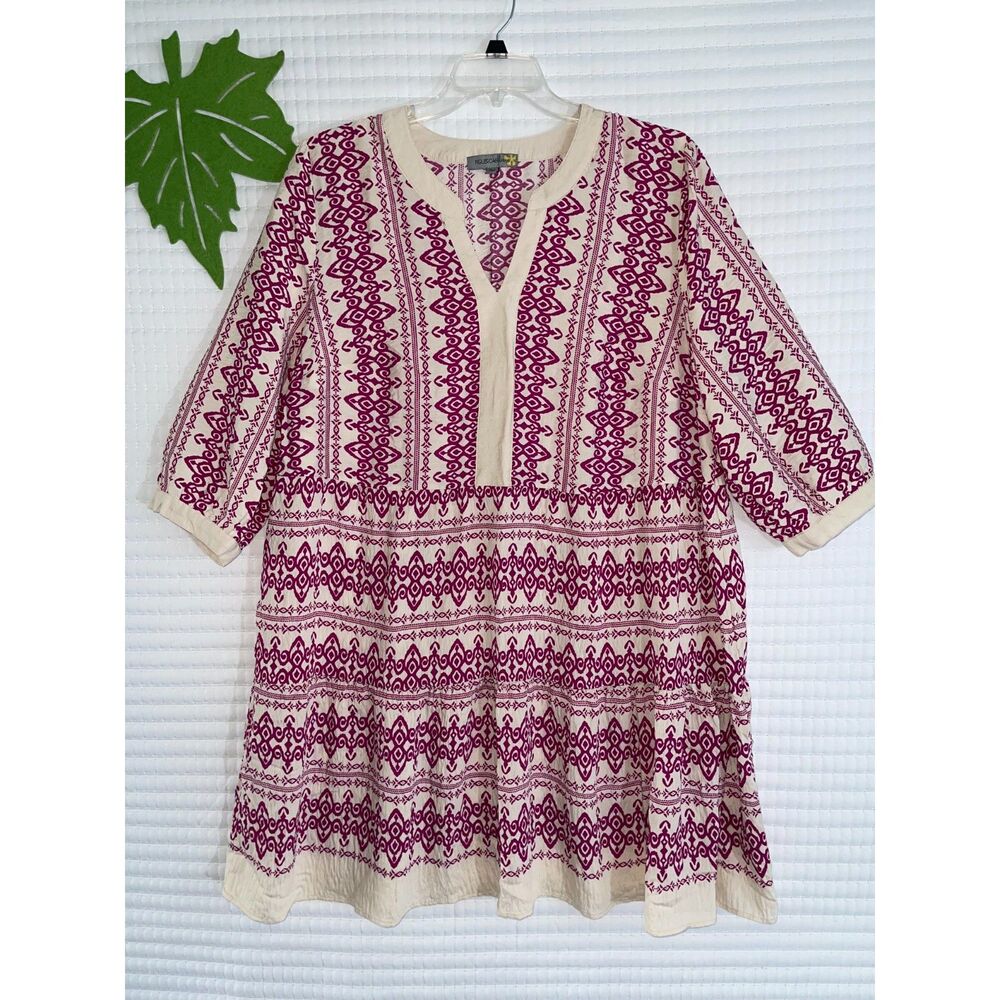 Figueroa Flower Burgundy Cream Midi Dress Plus Size 3X Casual 3/4 Sleeves Party